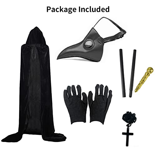 Halloween Plague Doctor Mask Set 5 en 1, máscara de nariz larga, capa con capucha, cetro del rey, collar cruzado, guantes para la fiesta de Halloween
