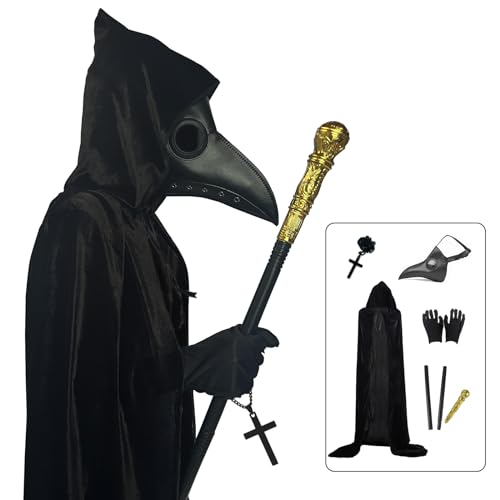 Halloween Plague Doctor Mask Set 5 en 1, máscara de nariz larga, capa con capucha, cetro del rey, collar cruzado, guantes para la fiesta de Halloween
