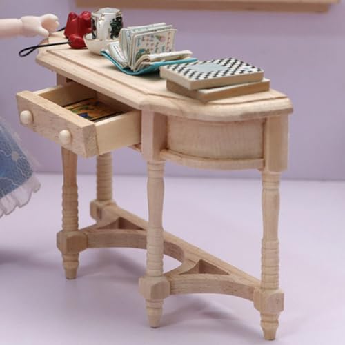 Haloppe Muebles de juguete en miniatura para casa de muñecas, juguetes de muebles de simulación, mesa modelo de muebles, buena artesanía, adorable mesa de madera sin pintar media redonda para
