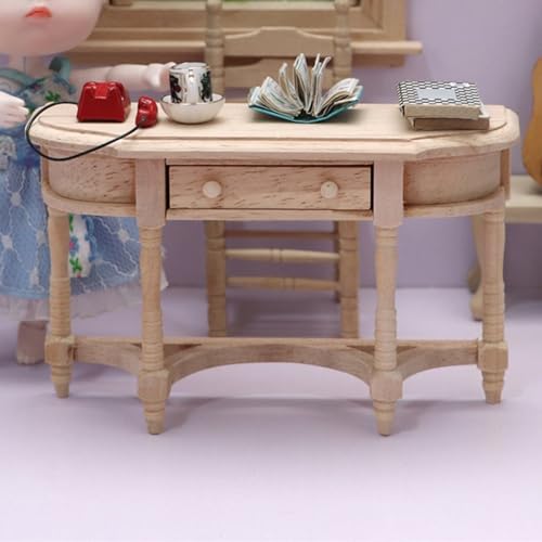 Haloppe Muebles de juguete en miniatura para casa de muñecas, juguetes de muebles de simulación, mesa modelo de muebles, buena artesanía, adorable mesa de madera sin pintar media redonda para