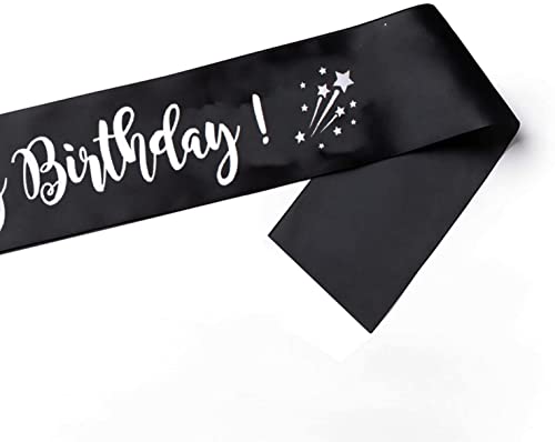 Happium Faja de satén con texto en inglés «It's My Birthday» para cumpleaños, decoración de fiesta de cumpleaños, color plateado y negro