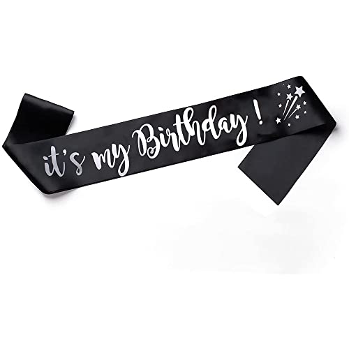 Happium Faja de satén con texto en inglés «It's My Birthday» para cumpleaños, decoración de fiesta de cumpleaños, color plateado y negro