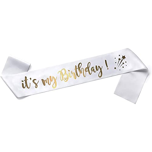 Happium Faja de satén con texto en inglés «It's My Birthday» para cumpleaños, decoración de fiesta de cumpleaños y satén dorado sobre blanco