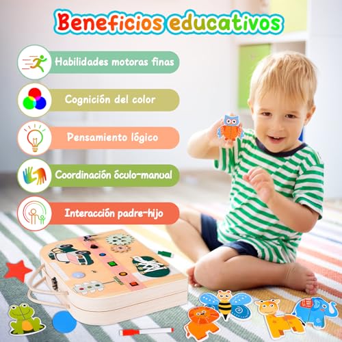Hereneer Busy Board con LED Botones, Tablero Montessori, Montessori Busy Board Juguete, Sensorial Activity Board de Madera, Juegos Educativos Regalo Bebe Niños Niña 1 2 3 4 Años (Pintura)