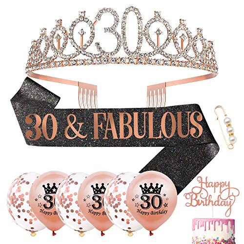 Heyu-Lotus Banda y tiara de 30 cumpleaños de oro rosa y fabulosa banda de diamantes de imitación, corona de globos de cumpleaños para mujer, regalo de 30 cumpleaños, suministros de fiesta (negro rosa)