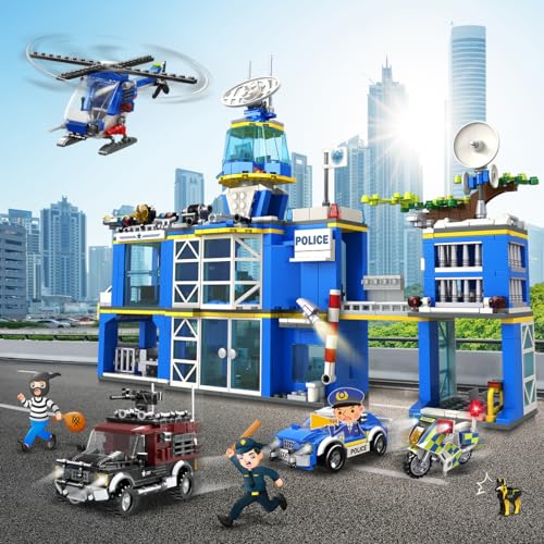 HOGOKIDS Juego de construcción de estación de policía de la ciudad, 1261 piezas de bloques de construcción de policía con helicóptero, motocicleta y coches, juego de construcción de policía STEM
