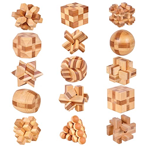 Holzsammlung 15 Piezas Rompecabezas de Madera, 3D IQ Juegos de Ingenio, Rompecabezas Madera Mini Puzzle Bloqueo Juguetes Educativos Regalo para Niños Adultos Adolescentes, 4.5cm