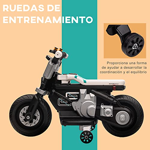 HOMCOM Moto Eléctrica para Niños de 3-5 Años Moto de Batería 6V con Faros Música Bocina Velocidad 3 km/h Avance Retroceso y Ruedas Auxiliares Carga 25 kg 86x44x58 cm Negro y Blanco