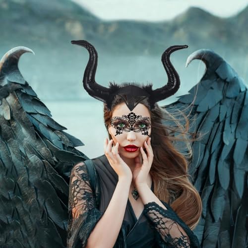 Horns Headgear Halloween Horns Cuernos Malefica Mujeres Maléfica Tocado Incluir Sexy Máscara de Ojos Gargantilla de Encaje para Mujeres Cosplay Carnaval Halloween