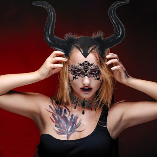 Horns Headgear Halloween Horns Cuernos Malefica Mujeres Maléfica Tocado Incluir Sexy Máscara de Ojos Gargantilla de Encaje para Mujeres Cosplay Carnaval Halloween