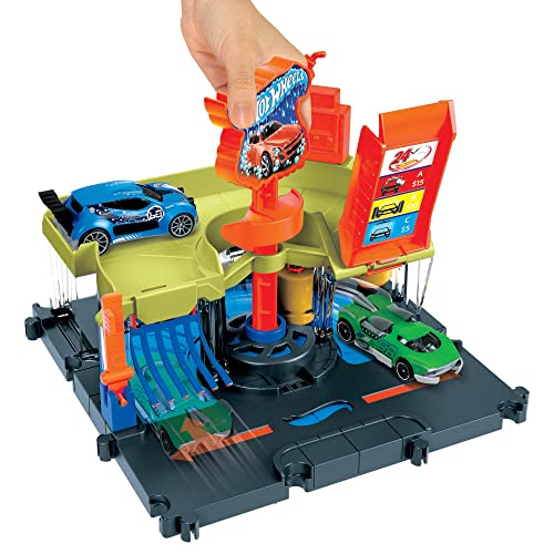 Hot Wheels City Lavadero de coches exprés Pista para coches de juguete, incluye 1 vehículo, +4 años (Mattel HDR27)