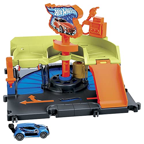 Hot Wheels City Lavadero de coches exprés Pista para coches de juguete, incluye 1 vehículo, +4 años (Mattel HDR27)