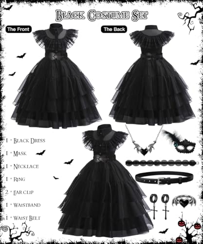 HOUSTAR Disfraz Gótico Negro Niña, Gótico Disfraz con Conjunto de Máscara y Collar, Regalo Niña, Disfraz Negro para Fiesta Cosplay Cumpleaños Halloween Carnaval (130)