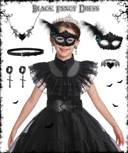 HOUSTAR Disfraz Gótico Negro Niña, Gótico Disfraz con Conjunto de Máscara y Collar, Regalo Niña, Disfraz Negro para Fiesta Cosplay Cumpleaños Halloween Carnaval (130)