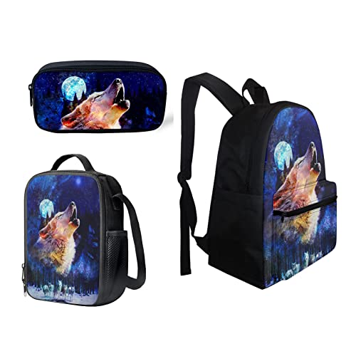 HUGS IDEA Galaxy Wolf Astrology - Juego de mochila para niña de 40,6 cm, teñido anudado, gris, perro, baloncesto, bolsa de almuerzo, estuche para lápices 3 en 1, Lobo Azul Aullando, 16 inch (3PCS