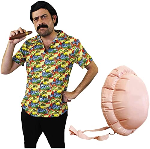 ILOVEFANCYDRESS Disfraz DE Pablo Escobar - Camisa Hawaiana Amarilla + Peluca + Bigote + CIGARRO + Barriga Inflable PELÍCULAS DE TV Disfraces DE SEÑOR DE Las Drogas - TAMAÑO: Grande