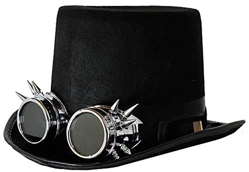 ILOVEFANCYDRESS Sombrero DE Copa DE Fieltro Victoriano Negro Steampunk con ANTEOJOS Plateadas con PÚAS - Accesorio DE Disfraz Steampunk