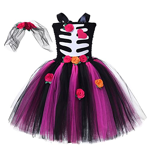 IMEKIS Disfraz de Novia Zombie para Niñas Esqueleto de Cadáver de Halloween Novias Tutu Vestido Fantasma Vampiro Disfraz de Cosplay con Tocado Día de Los Muertos Traje de Fiesta del día del Libro