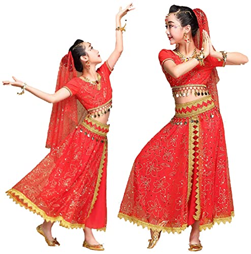 IQOAIJ Vestido de Danza del Vientre para niñas, Conjunto de 5 Piezas, Disfraz de actuación árabe para niños folklóricos Indios, Traje de Carnaval,2,XL