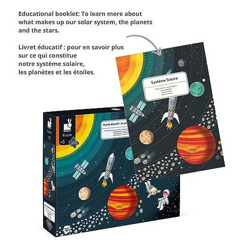 Janod - Puzle Educativo Infantil Sistema Solar, de 100 Piezas - Desarrolla la Motricidad Fina y la Concentración - A partir de 5 Años, J02678