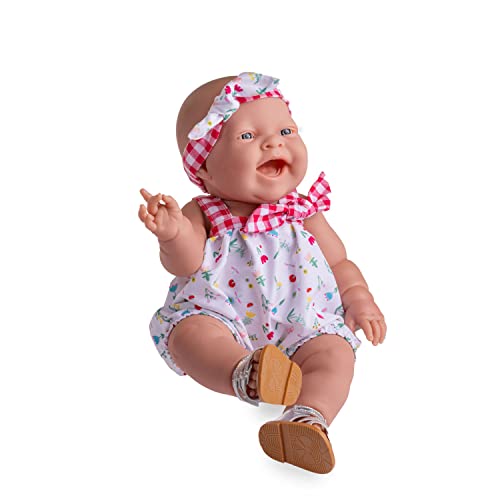 JC Toys- Muñeca Lola Spring Picnic de 36 cm y de Vinilo Suave, Cara Sonriente, muñeca tumbada, Ropa Estampado Vichy y Floral y Sandalias, niña, Fabricada en España, 2 años