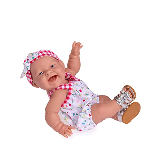 JC Toys- Muñeca Lola Spring Picnic de 36 cm y de Vinilo Suave, Cara Sonriente, muñeca tumbada, Ropa Estampado Vichy y Floral y Sandalias, niña, Fabricada en España, 2 años