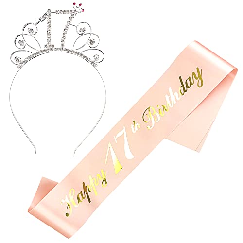 JKJF Banda para el 17 cumpleaños con texto en inglés "Happy 17 cumpleaños", tiara de cristal, corona de brillantes, diadema para mujer, cumpleaños, regalo, decoración de fiesta oro rosa 2 unidades