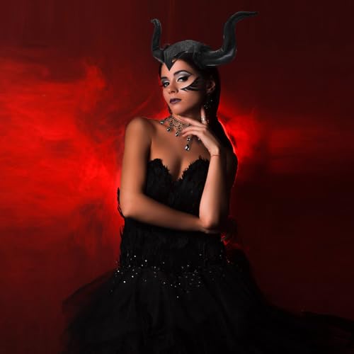 JOYUE Diadema de Cuerno Negro Halloween Cuernos de Demonio, Maléfica Cuernos Disfraz de Cuernos de Reina Tocado Cosplay Mujer Devil Horns con Collar de Encaje Gótico para Carnaval Mascarada