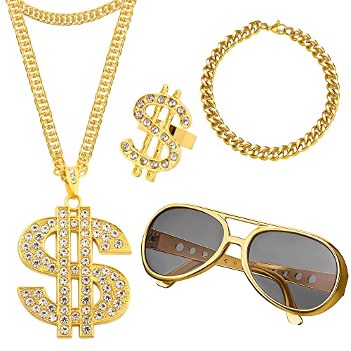 JSMTKJ Kit de Disfraces de Hip Hop, Hip Hop Rapper Accesorios Con Collar de Oro + Anillo de Dólar + Gafas de sol Doradas para Rapper Accesorios, fiesta de Carnaval(4pcs)