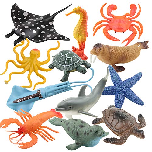 Juego de animales de mar de juguete (12 unidades) – Juego de juguetes de baño para niños – Figuras realistas de vida marítima grandes – Juguetes educativos – Figuras de plástico multiestilo océano
