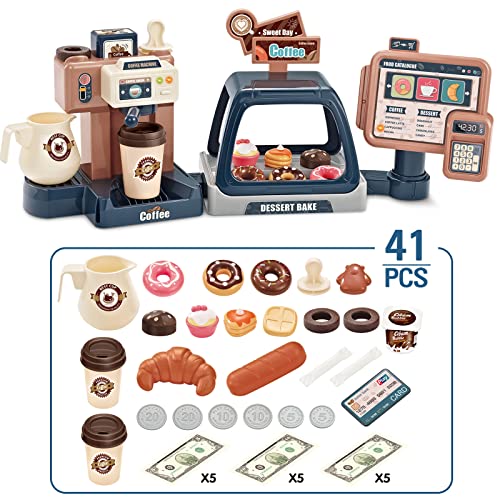 Juego de Cafetería Juguete de Cocina Simulación con Máquina de Café Caja Registradora Set de Modelo Alimentos Postres Donut Pasteles Juguete de rol Funcional Educativo Temprano para Niños