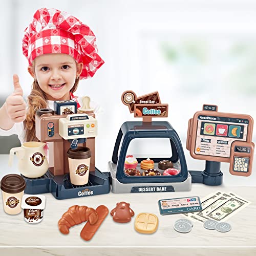 Juego de Cafetería Juguete de Cocina Simulación con Máquina de Café Caja Registradora Set de Modelo Alimentos Postres Donut Pasteles Juguete de rol Funcional Educativo Temprano para Niños