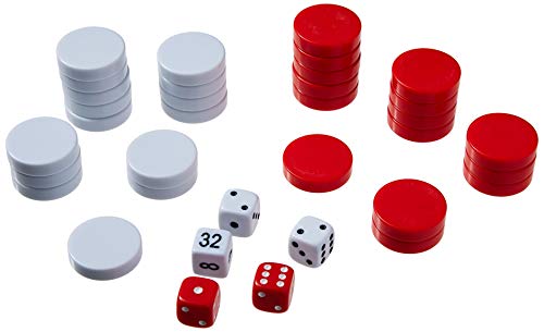 Juego de damas de Backgammon de 1 1/4 pulgadas, rojo y blanco, también incluye cuatro dados y cubo doble, para suplemento o reemplazo de damas perdidas / piedras / piezas de juego