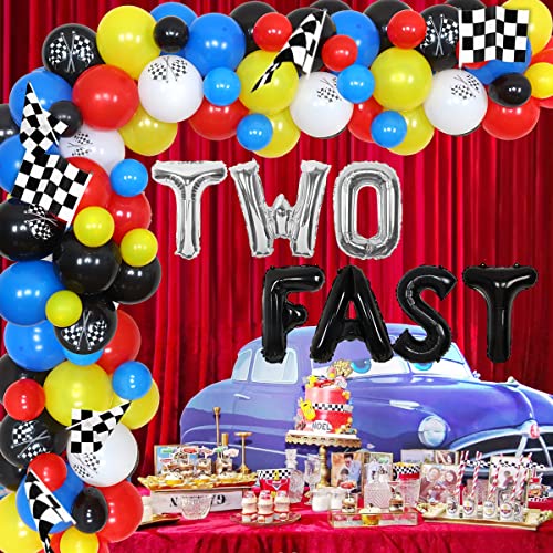 Juego de dos decoraciones de cumpleaños rápidas de carreras de globos de guirnalda, para coche de carrera, banderas para tartas de 2 años de edad, monstruo, camión, suministros para fiesta