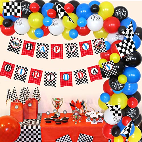 Juego de dos decoraciones de cumpleaños rápidas de carreras de globos de guirnalda, para coche de carrera, banderas para tartas de 2 años de edad, monstruo, camión, suministros para fiesta