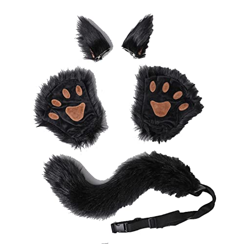 Juego de guantes de cola de pelo de piel sintética de zorro y orejas de gato con clip para el pelo, juego de rol de Halloween, disfraz de zorro de lobo para cosplay