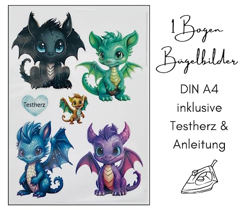 Juego de imágenes de planchado para textiles DIN A4, niños, niñas, niños, dinosaurios, unicornios, grandes, pequeños, termoadhesivos para planchar (4 – Dragones)