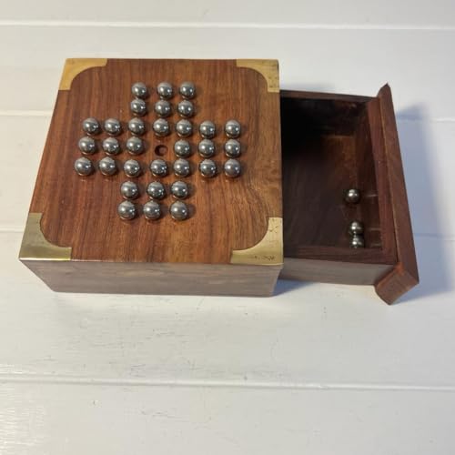 Juego de solitario clásico de madera compacto hecho a mano con bolas de acero inoxidable | 13 cm x 13 cm con cajón de almacenamiento | Juego de viaje