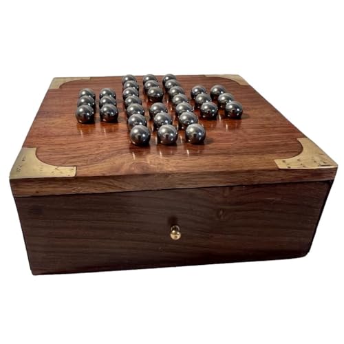 Juego de solitario clásico de madera compacto hecho a mano con bolas de acero inoxidable | 13 cm x 13 cm con cajón de almacenamiento | Juego de viaje