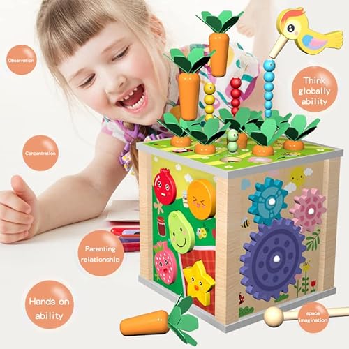 Juguetes Montessori 2 3 4 años | 6 en 1 Juguete Educativo Juguete para Recoger Zanahorias | Pájaro Carpintero Gusanos Laberinto | Cubo de Habilidades Motoras de Madera Regalo Cumpleaños Navidad