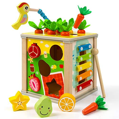 Juguetes Montessori 2 3 4 años | 6 en 1 Juguete Educativo Juguete para Recoger Zanahorias | Pájaro Carpintero Gusanos Laberinto | Cubo de Habilidades Motoras de Madera Regalo Cumpleaños Navidad