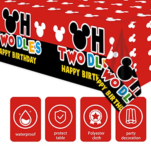 Junliang Twodles - Manteles de feliz cumpleaños, diseño de ratón, color rojo, negro y blanco, decoración para niños, baby shower, fiesta de cumpleaños, picnic, suministros de tela de 53 x 98 pulgadas