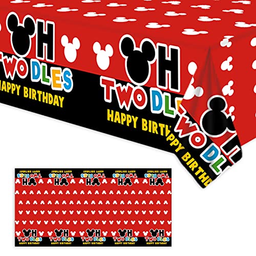 Junliang Twodles - Manteles de feliz cumpleaños, diseño de ratón, color rojo, negro y blanco, decoración para niños, baby shower, fiesta de cumpleaños, picnic, suministros de tela de 53 x 98 pulgadas