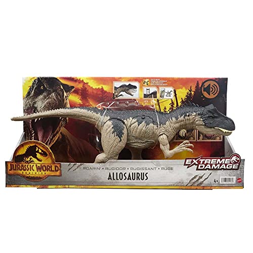 Jurassic World Figura Articulada Dinosaurio Allosaurus Daño Extremo 44,5 cm Largo. con Sonidos, Multicolor, único (Mattel HFK06)