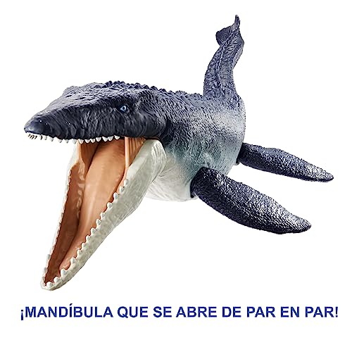 Jurassic World Mosasaurus defensor del océano Dinosaurio articulado hecho con plástico reciclado, juguete +4 años (Mattel HNJ57)