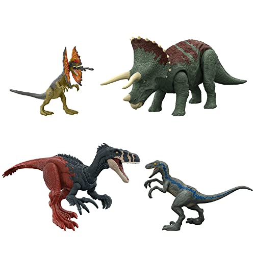 Jurassic World Pack Dinosaurios iniciación 4 Figuras de acción articuladas, Juguete +4 años (Mattel HJJ85) & Dominion Roar Strikes Ichthyovenator Dinosaurio Figura de acción con Sonidos