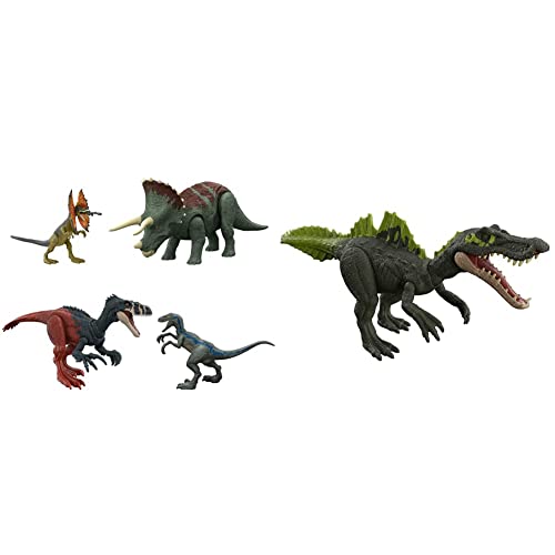 Jurassic World Pack Dinosaurios iniciación 4 Figuras de acción articuladas, Juguete +4 años (Mattel HJJ85) & Dominion Roar Strikes Ichthyovenator Dinosaurio Figura de acción con Sonidos
