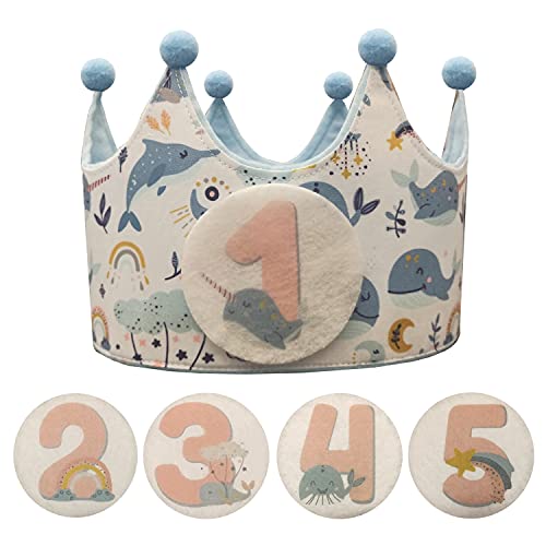 Kembilove Corona Cumpleaños – Corona Primer Cumpleaños niño – Fiesta de cumpleaños Smash Cake – Corona Unicornio Intercambiables de 1-5 Años – Regalos Personalizados, Ballenas