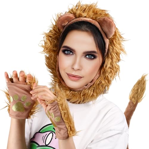 KESYOO Disfraz de león con orejas de león, diadema, guantes, animales, juego de rol, ropa de selva, cosplay, accesorios para espectáculos en casa, (color marrón)
