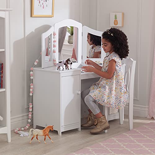 KidKraft Juego de tocador de maquillaje infantil Deluxe con espejo y espacio de almacenamiento y silla de madera, muebles para salas de juego y dormitorio de niños (13018)